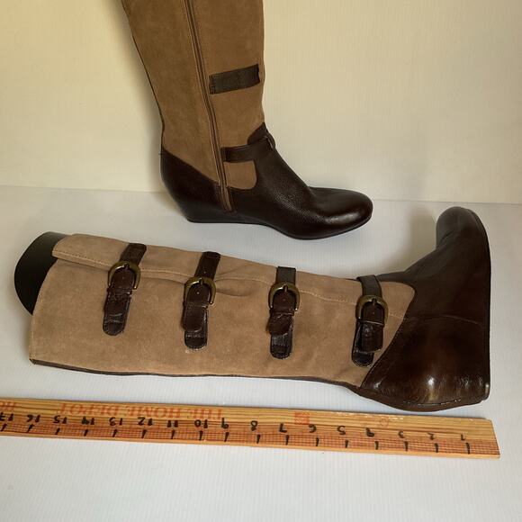 Crown Vintage Clover Knee High Leather & Suede Boots Brown Tan Size 8 - Picture 9 of 9